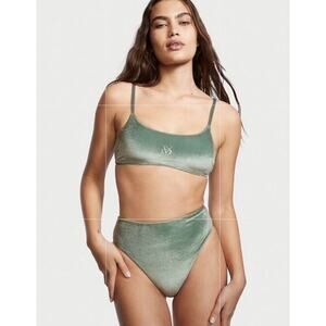 Victoria Secret Size L Green Velvet Cheeky Bikini Set High Rise New